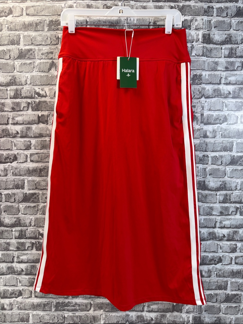 NWT Halara Red Athletic Midi Skirt with White Side Stripes